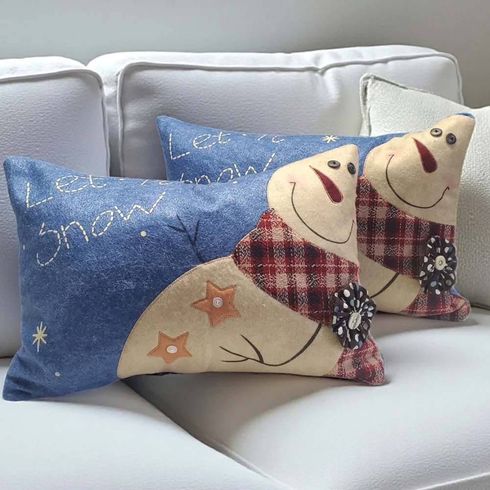 NEW Homemade Festive Snowman Throw Pillow Set - Blue and Cream